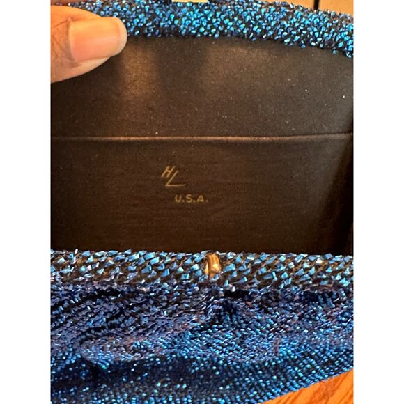 Vintage Blue Metallic Iridescent Evening Clutch Bag With Strap & Floral Clasp - Picture 5 of 8